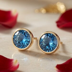 Luxury Round-Cut Blue Topaz Bezel Studs-Gold Finish