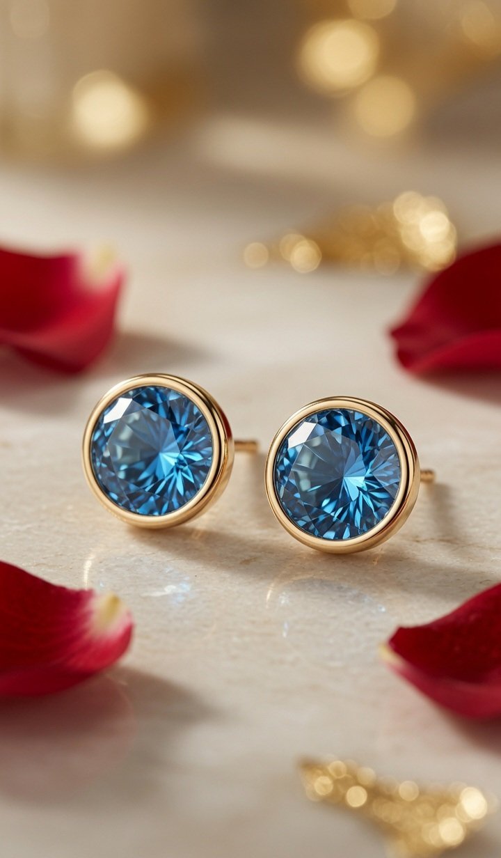 Luxury Round-Cut Blue Topaz Bezel Studs-Gold Finish