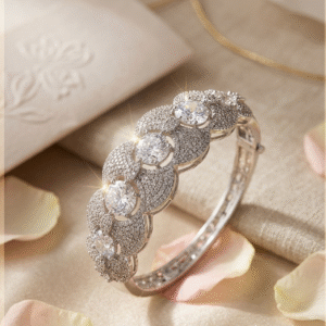 Lumina Glacial Wave Premium Round Cut Diamond-Style Hinged Kada Bracelet-Platinum Finish