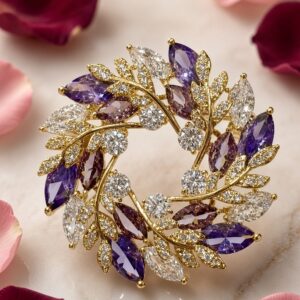 The Amethyst Royale leaf Wreath Brooch-Gold Finish