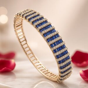 The Royal Azure Baguette Sapphire And Diamond-Style Kada Bracelet-Gold Finish
