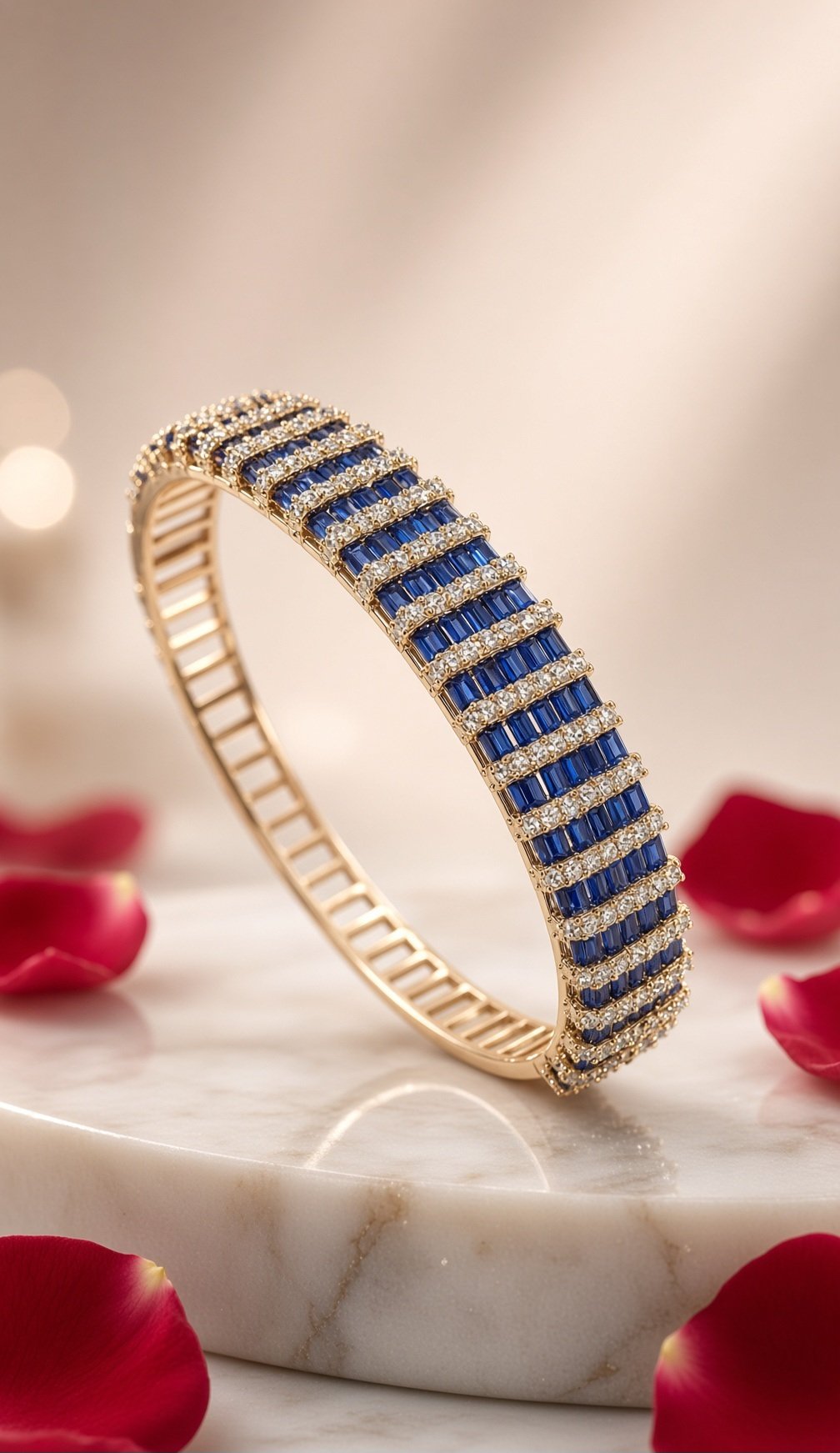 The Royal Azure Baguette Sapphire And Diamond-Style Kada Bracelet-Gold Finish