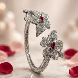 The Crimson Frost Blossom Dual Flower Ruby Center Kada Bracelet-Platinum Finish