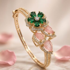 The Emerald Flora And Blush Pink Kada Bracelet-Gold Finish