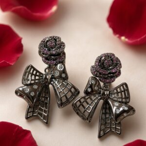 The Ruby Rose And Lattice Bow Zirconia Earrings-Black Rhodium Finish