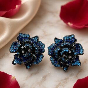 The Blue Rose Pavè Sculptural Floral Studs-Black Rhodium Finish