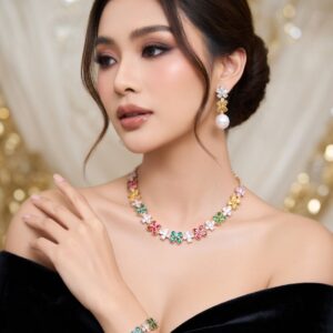 Luxury Multicolor Floral CZ Necklace Set with Bracelet & Earrings