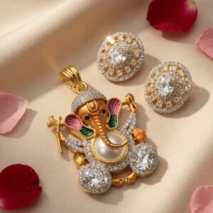 Designer Ganpati Idol Pendant Necklace with CZ Stones