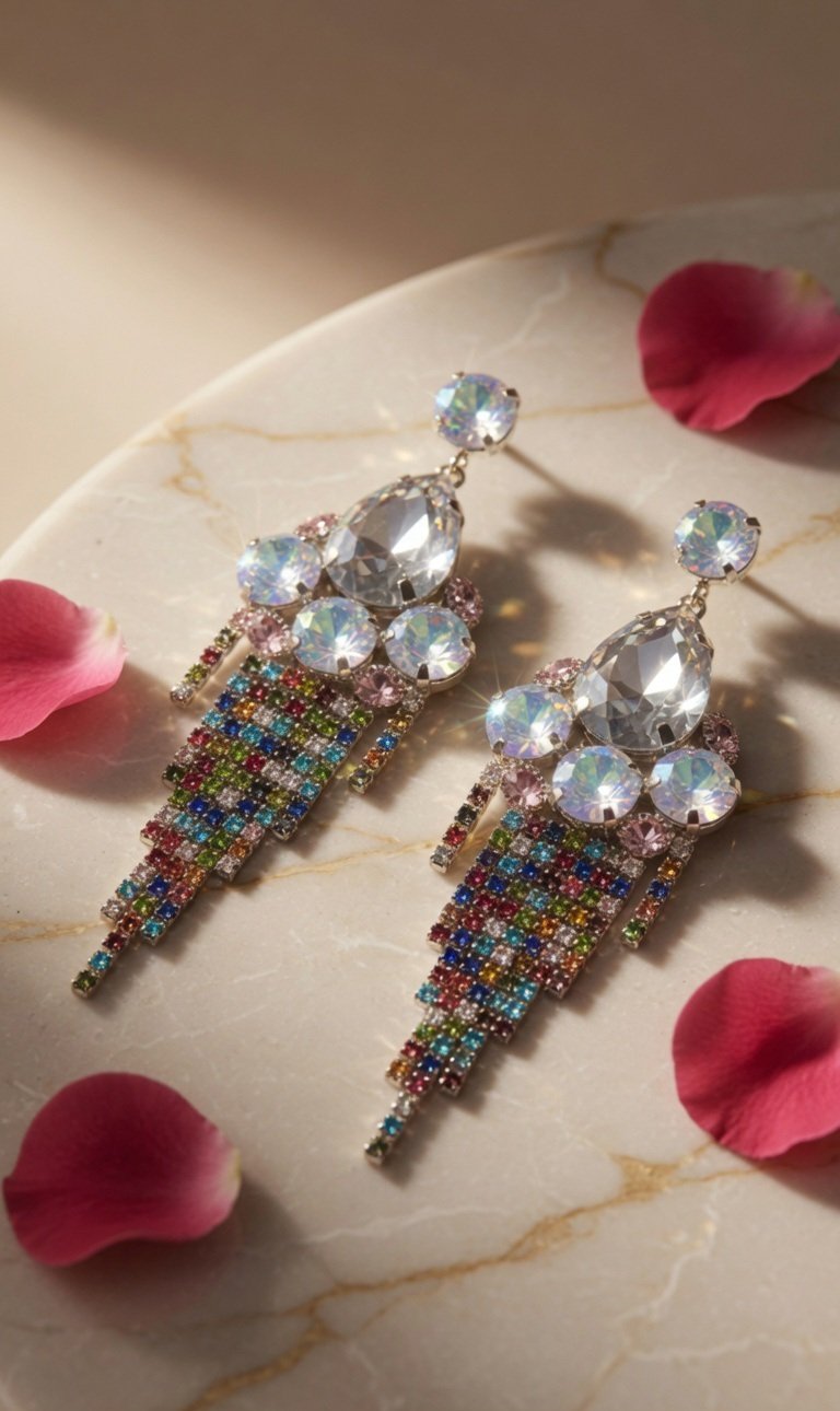 Aurora Prism Zirconia Tassel Earring- Rose Pink Finish
