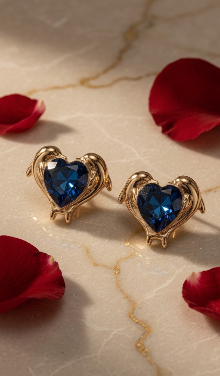 Midnight Heart Sapphire Studs-Gold Finish