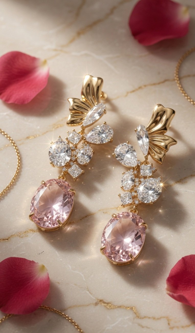 Blush Pink Grand Oval Mixed-Cut Drop Earrings-Gold Finish - Image 2