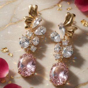 Blush Pink Grand Oval Mixed-Cut Drop Earrings-Gold Finish