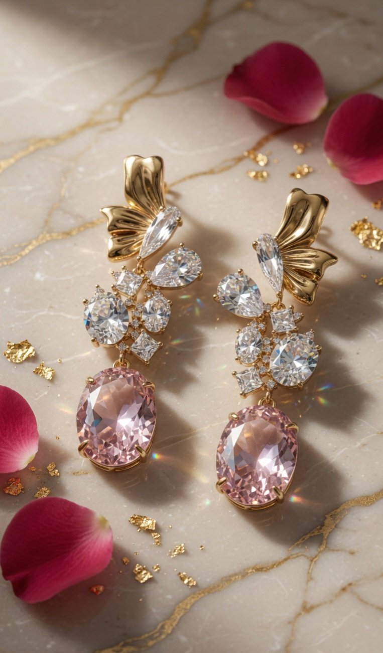 Blush Pink Grand Oval Mixed-Cut Drop Earrings-Gold Finish