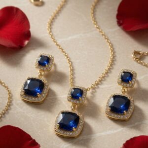 Double Drop Blue Cushion-Cut Jewelry Set-Gold Finish