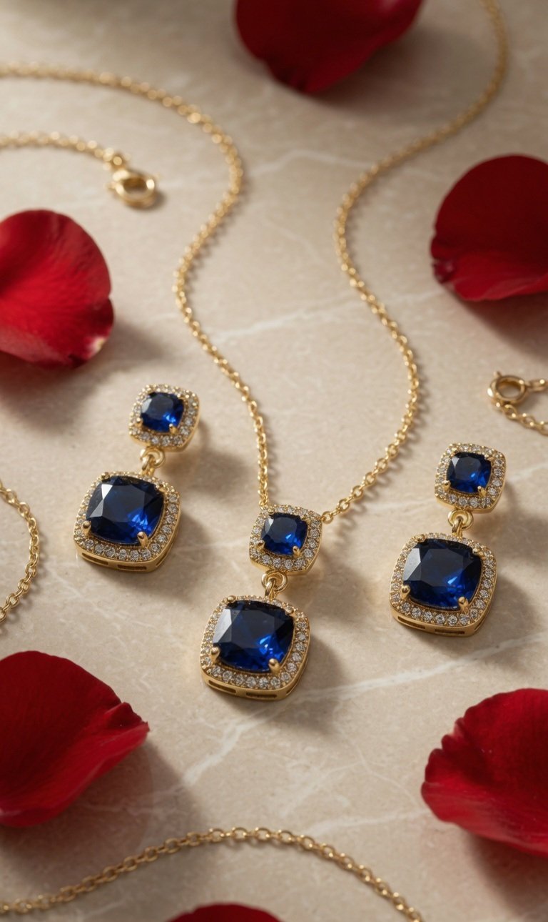 Double Drop Blue Cushion-Cut Jewelry Set-Gold Finish