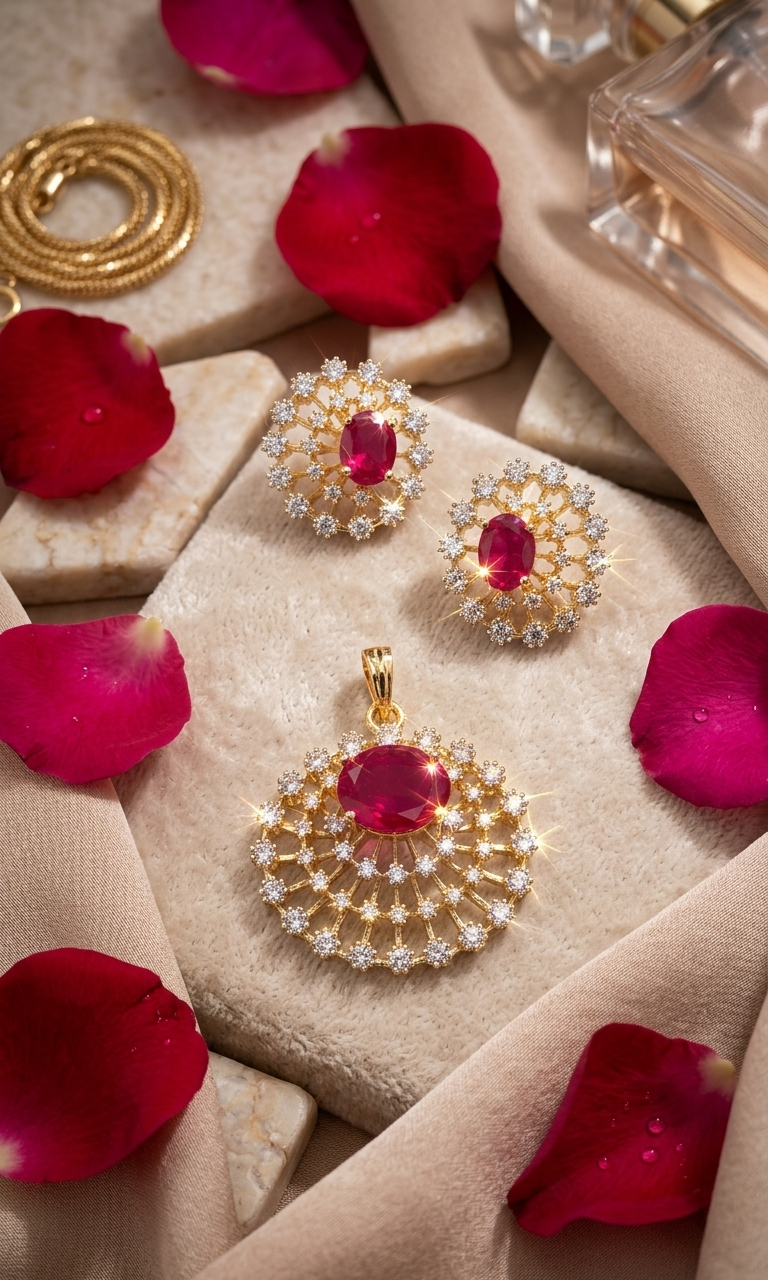 The Maharaja Circle Red Spinel And Pavè Pendant Set-Gold Finish