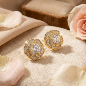 The Camellia Royale PavèDiamond-Style FlowerStuds-Gold Finish