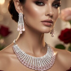 Blush Majesty Premium Oval Pink Stone Choker Set-Platinum Finish