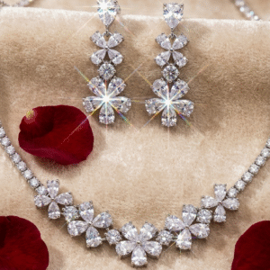 Ginerva Luxury Marquise And Pear-Cut Diamond-Style Floral Cluster Necklace Set-Platinum Finish