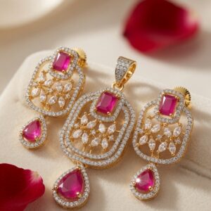 The Noor Jahan Suite Rectangle Ruby And Floral Filigree Pendant Set-Gold Finish