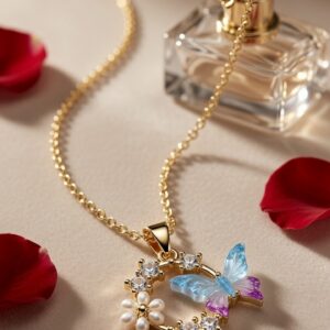 The Mariposa Gradient Butterfly And Pearl Wreath Pendant Chain-Gold Finish
