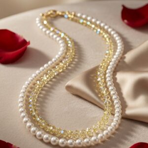 The Aurelia Layered Pearl And Yellow Champagne Crystal Strand Necklace-Gold Finish