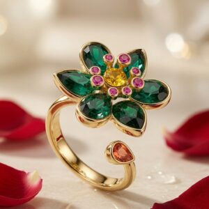 The Fiorella Emerald Floral Botanical Adjustable Ring-Gold Finish