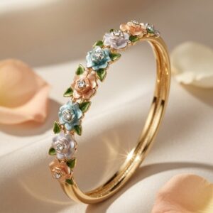 Primavera Pastel Enamel Rose Kada Bracelet-Gold Finish