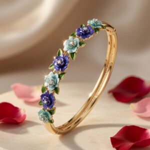 The Caspian Indigo Enamel Rose Kada Bracelet-Gold Finish