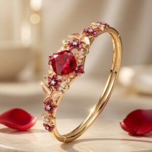 Valencia Cushion-Cut Red Tourmaline Enameled Flower Kada Bracelet-Gold Finish