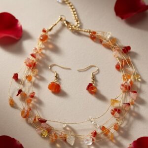 The Solis Raw Carnelian Multi-Strand Sunstone Necklace Set-Gold Finish