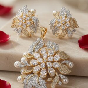 Elysian Foliage Two-Tone Zirconia Pendant Set-Gold Finish