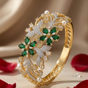 Emerald Royalty Floral Lattice Kada Bracelet-Gold Finish
