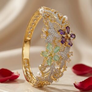 The Royal Amethyst And Mint Green Garden Marquise Kada Bracelet-Gold Finish