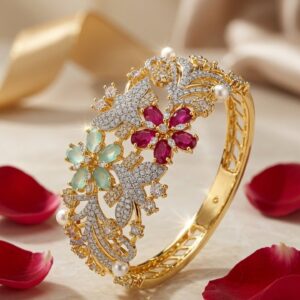 Duality Blossom Marquise Gemstone Royal Floral Kada Bracelet-Gold Finish