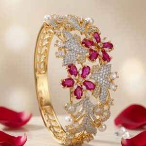 Blossom Reverie Marquise Ruby And Diamond-Style Kada Bracelet-Gold Finish