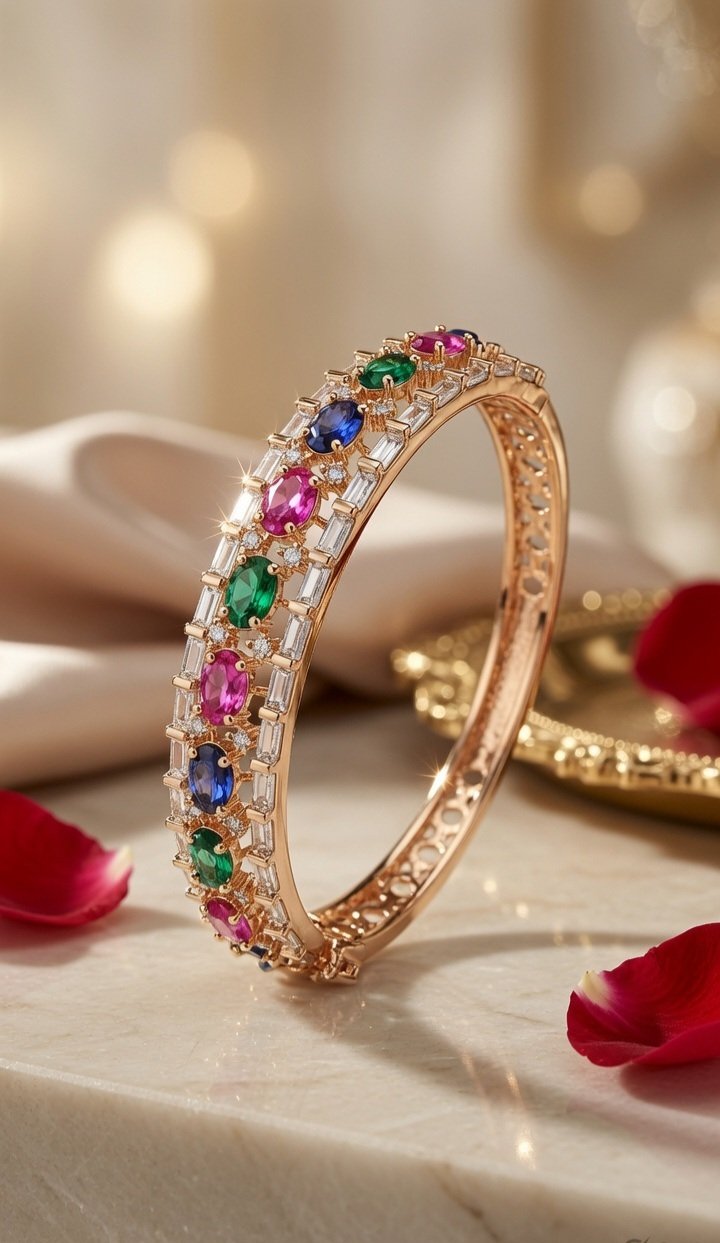 The Kaleidoscope Multi-Gemstone Baguette Kada Bracelet- Rose Gold Finish