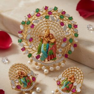 The Divine Vrindavan Radha Krishna Pendant Set- Gold Finish