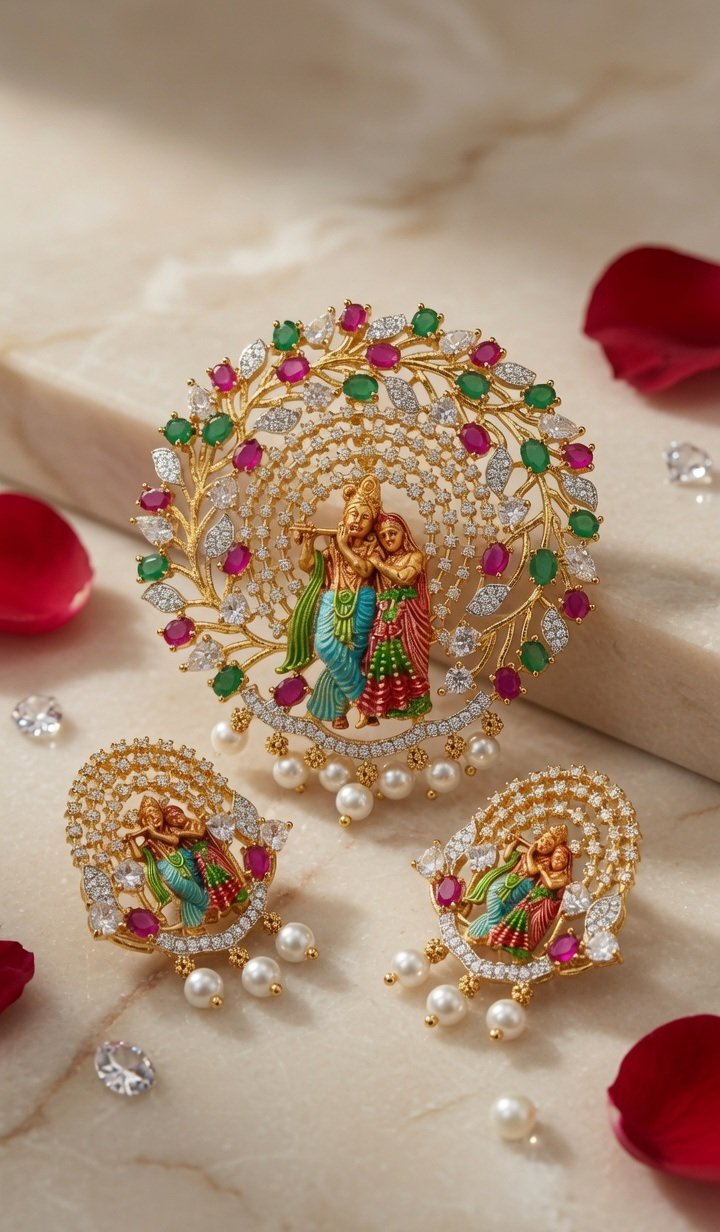 The Divine Vrindavan Radha Krishna Pendant Set- Gold Finish