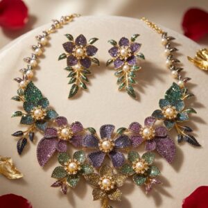 Royal Garden Amethyst Flora Multi-Gemstone Botanical Designer Choker Set-Gold Finish