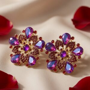 The Velvet Dahlia Magenta And Ruby Statement Earrings-Gold Finish
