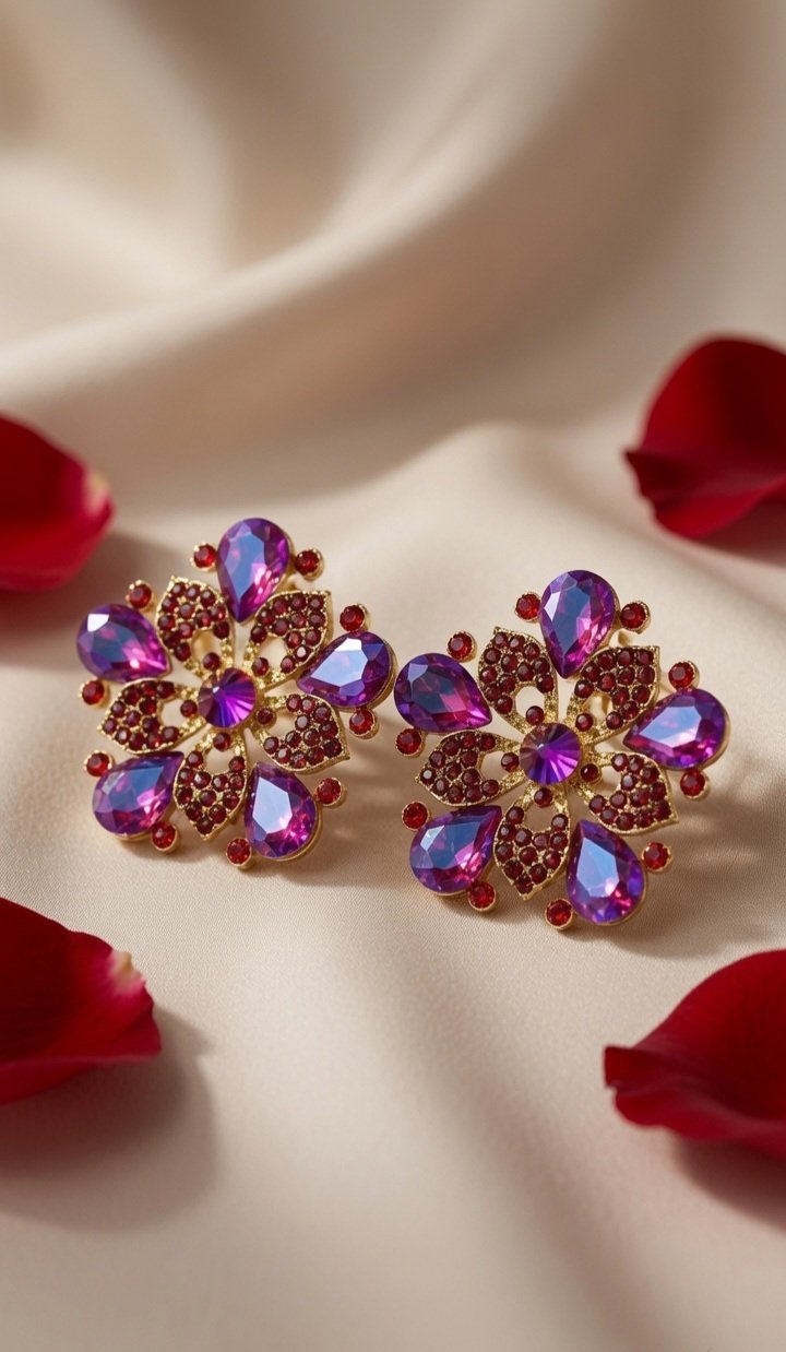 The Velvet Dahlia Magenta And Ruby Statement Earrings-Gold Finish