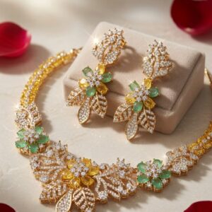 The Ethereal Floral Yellow And Green Leaf Bridal Choker Set-Gold Finish