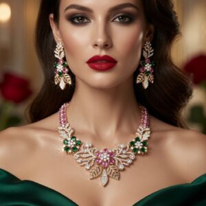 The Spring Meadow Emerald And Blush Leaf Floral Botanical Choker Set-Gold Finish
