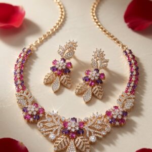 The Royal Garden Amethyst And Ruby Leaf Blossom Choker Set-Gold Finish