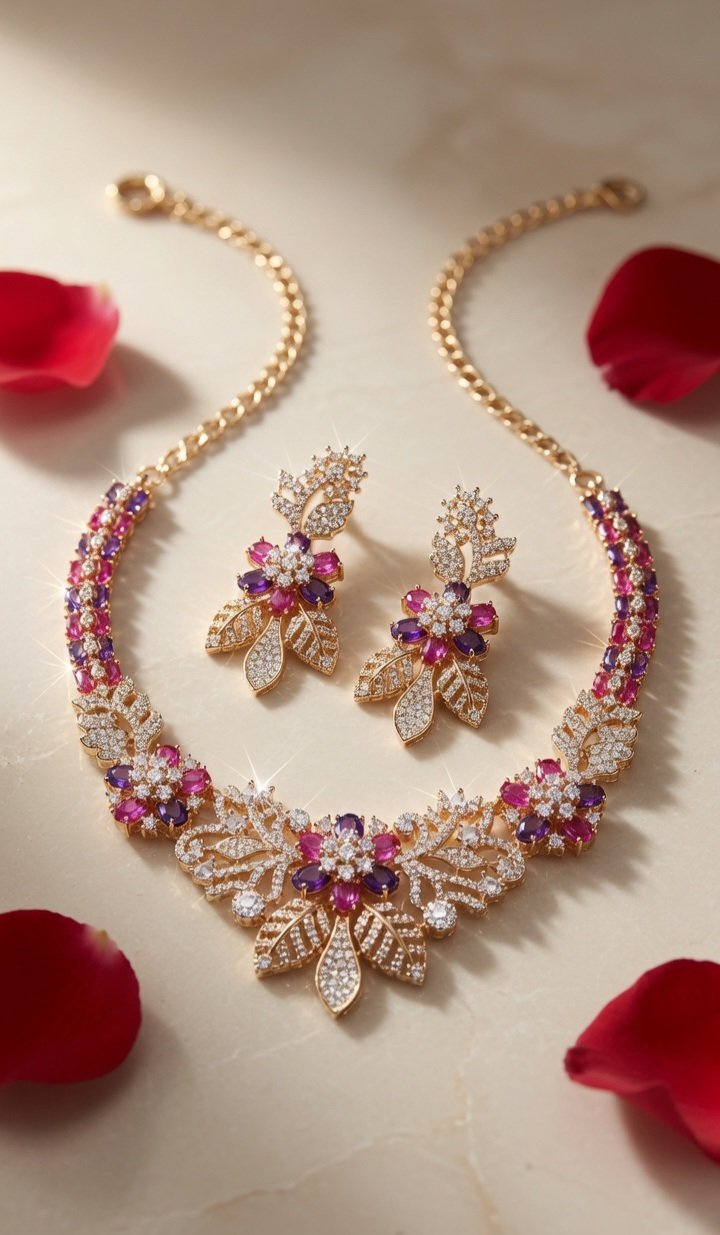 The Royal Garden Amethyst And Ruby Leaf Blossom Choker Set-Gold Finish