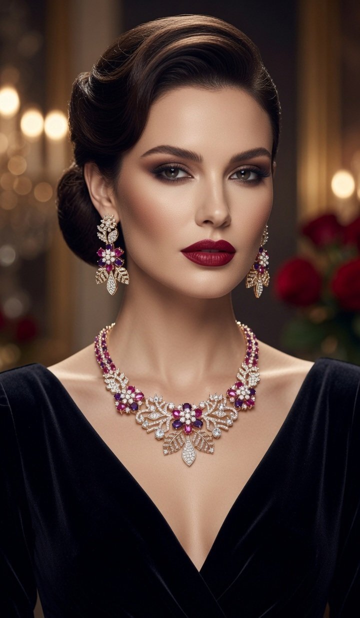 The Royal Garden Amethyst And Ruby Leaf Blossom Choker Set-Gold Finish - Image 2