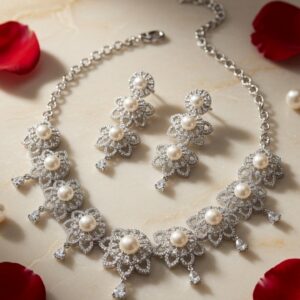 The Imperial Frost Pearl And Cz Filigree Choker Set-Platinum Finish