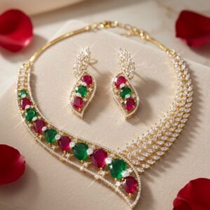 Verdant Carmine Asymmetric Emerald And Ruby Wave Choker Set-Gold Finish