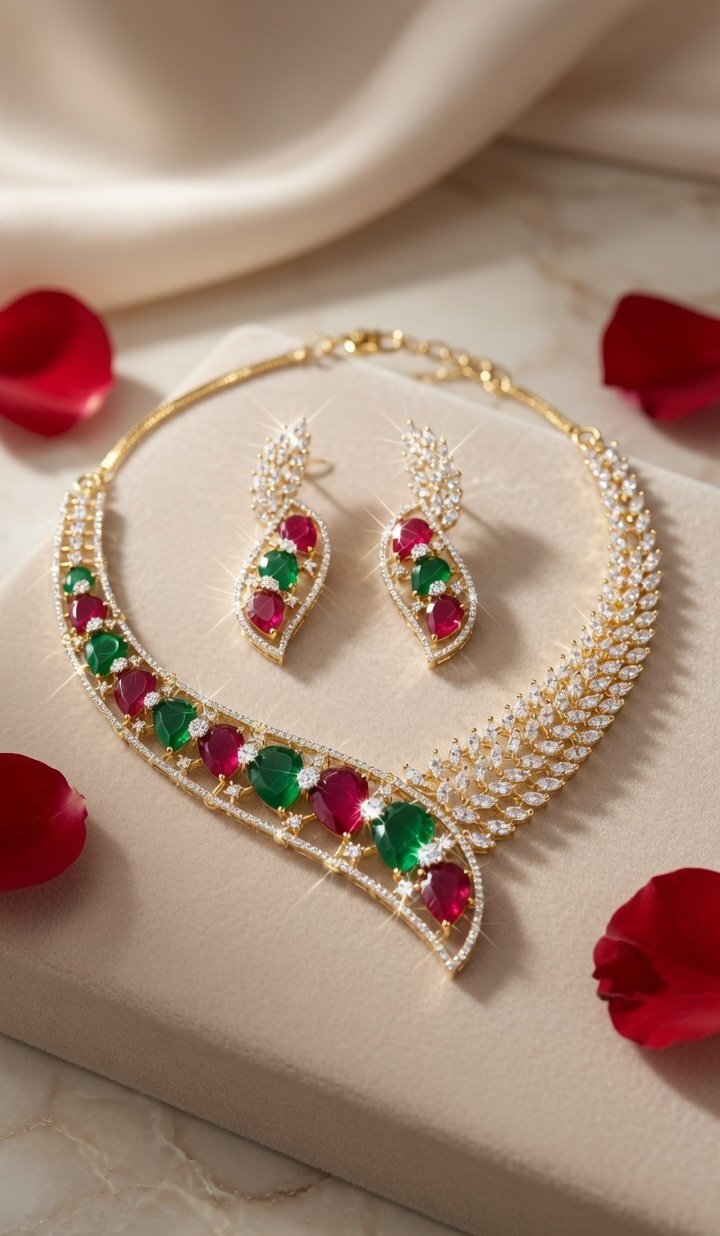 Verdant Carmine Asymmetric Emerald And Ruby Wave Choker Set-Gold Finish